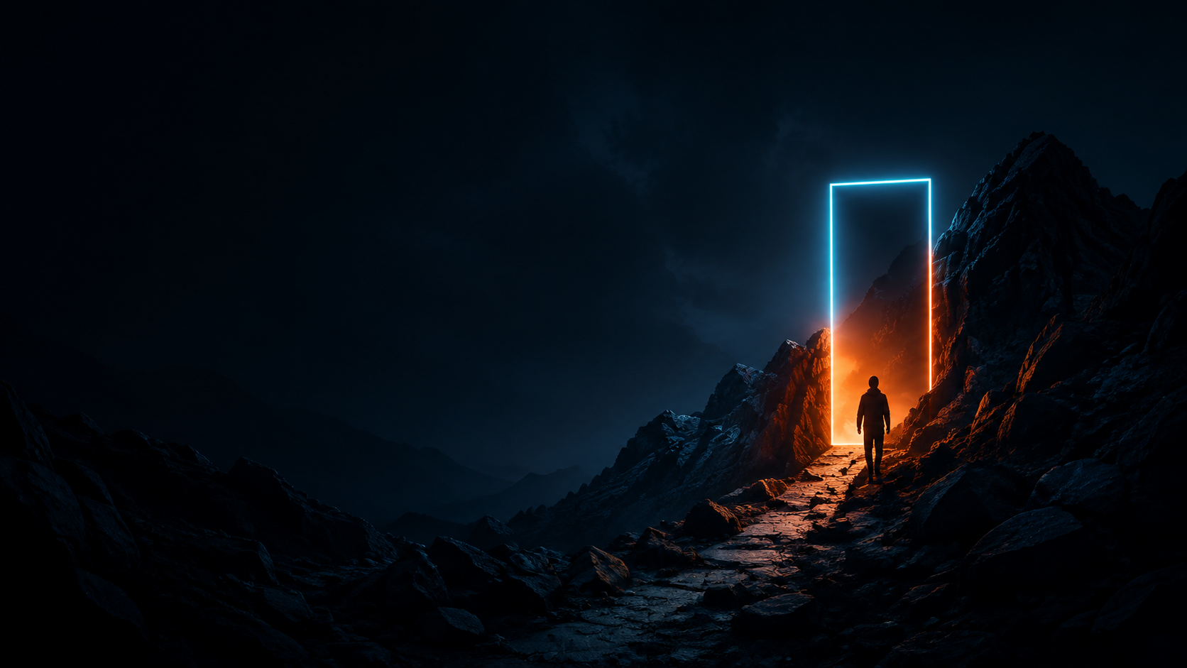 A mountain path leading to a glowing cyan and orange doorway